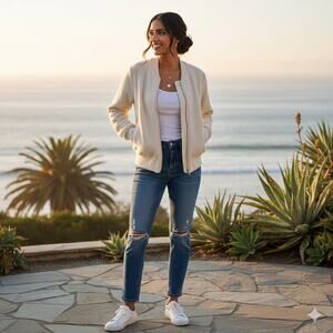 Sanctuary Casey Knit Bomber Jacket Cream Textured Zip Quiet Luxury Coastal S